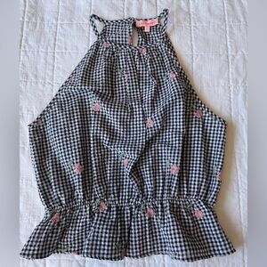 re:named Black & White Gingham Cropped Tank with Pink Flower Embroidery